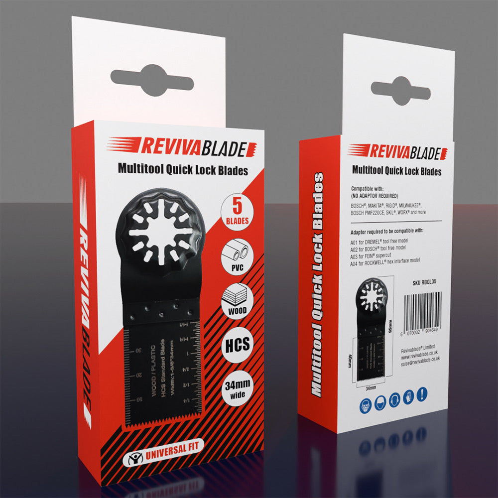 Revivablade® Multi-Tool Blade Bundle. Revivablade Original Sharpener & 5 Pack of Premium Multitool Blades 34mm - Precision Cutting – Ideal for Professionals & DIY.