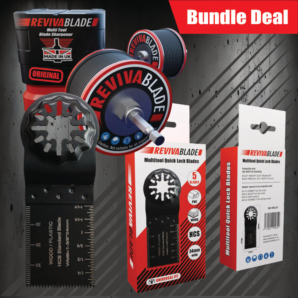 Revivablade® Multi-Tool Blade Bundle. Revivablade Original Sharpener & 5 Pack of Premium Multitool Blades 34mm - Precision Cutting – Ideal for Professionals & DIY.