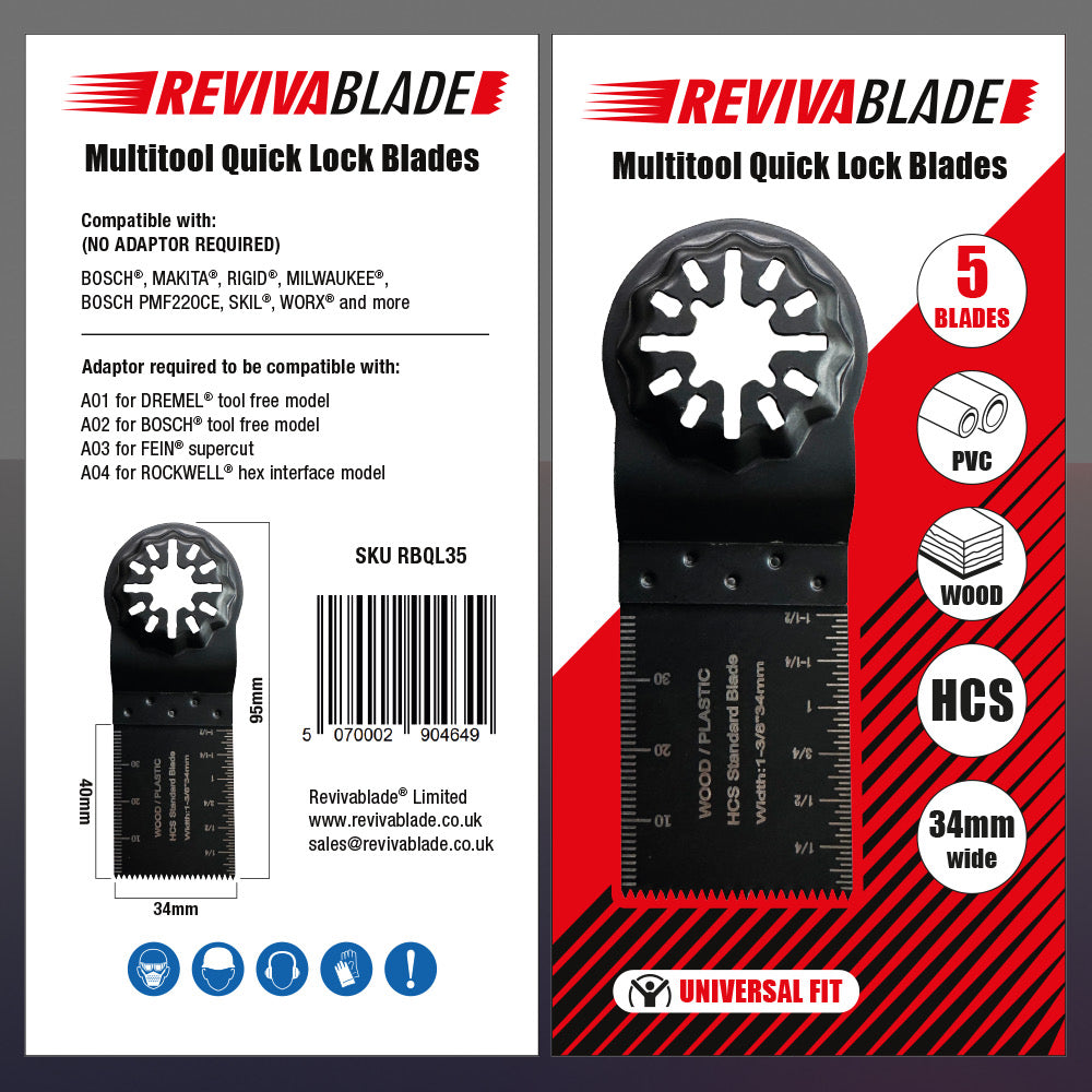 Revivablade® Multi-Tool Blade Bundle. Revivablade Original Sharpener & 5 Pack of Premium Multitool Blades 34mm - Precision Cutting – Ideal for Professionals & DIY.