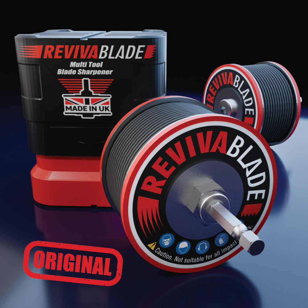 Revivablade® Multi-Tool Blade Bundle. Revivablade Original Sharpener & 5 Pack of Premium Multitool Blades 34mm - Precision Cutting – Ideal for Professionals & DIY.